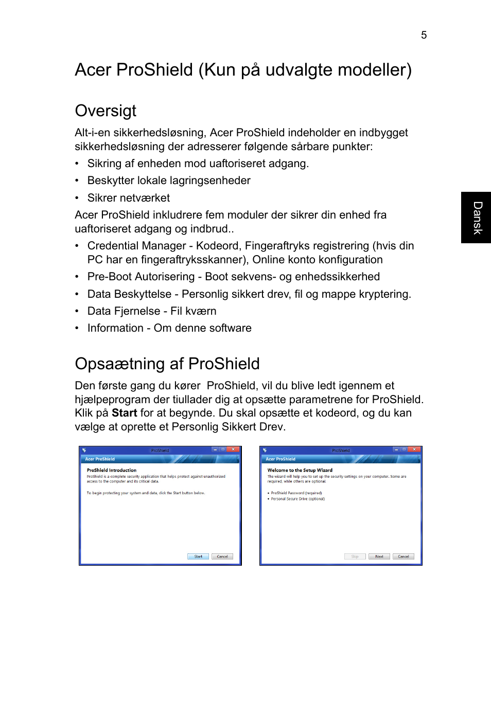 Acer proshield, Oversigt, Opsaætning af proshield | Acer proshield (kun på udvalgte modeller) | Acer TravelMate P253-MG User Manual | Page 767 / 2736