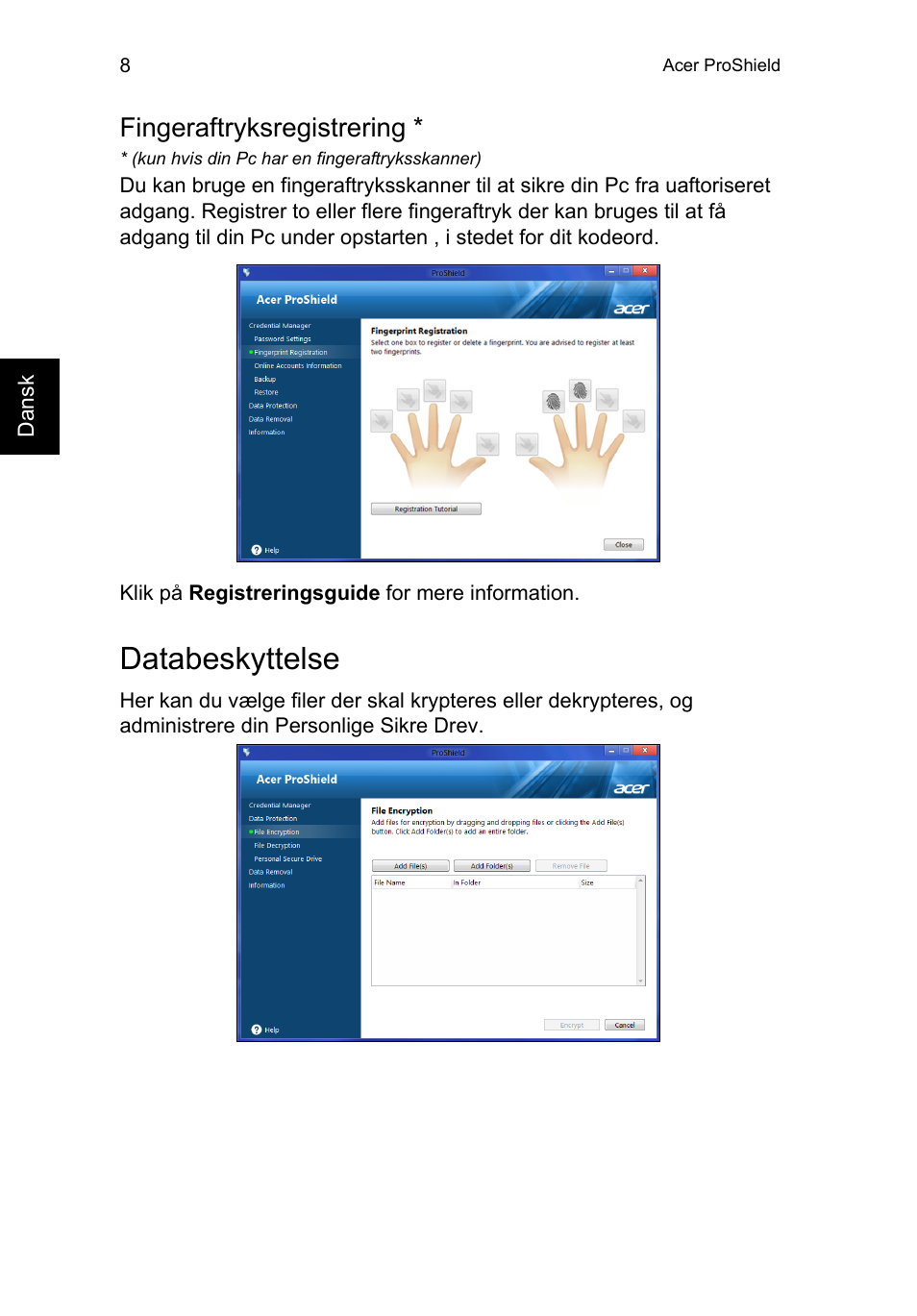 Fingeraftryksregistrering, Databeskyttelse | Acer TravelMate P253-MG User Manual | Page 770 / 2736