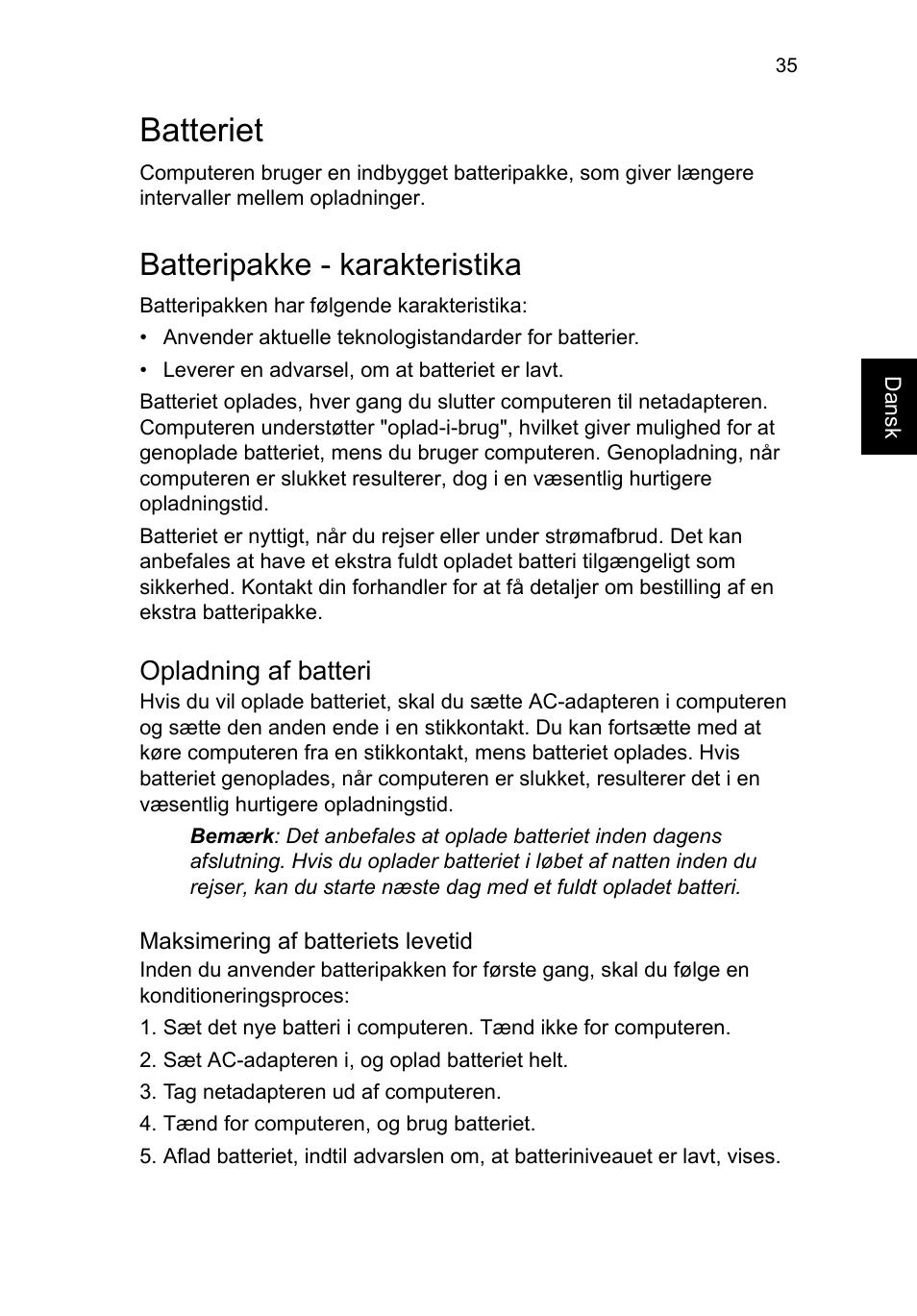 Batteriet, Batteripakke - karakteristika, Opladning af batteri | Acer TravelMate P253-MG User Manual | Page 797 / 2736