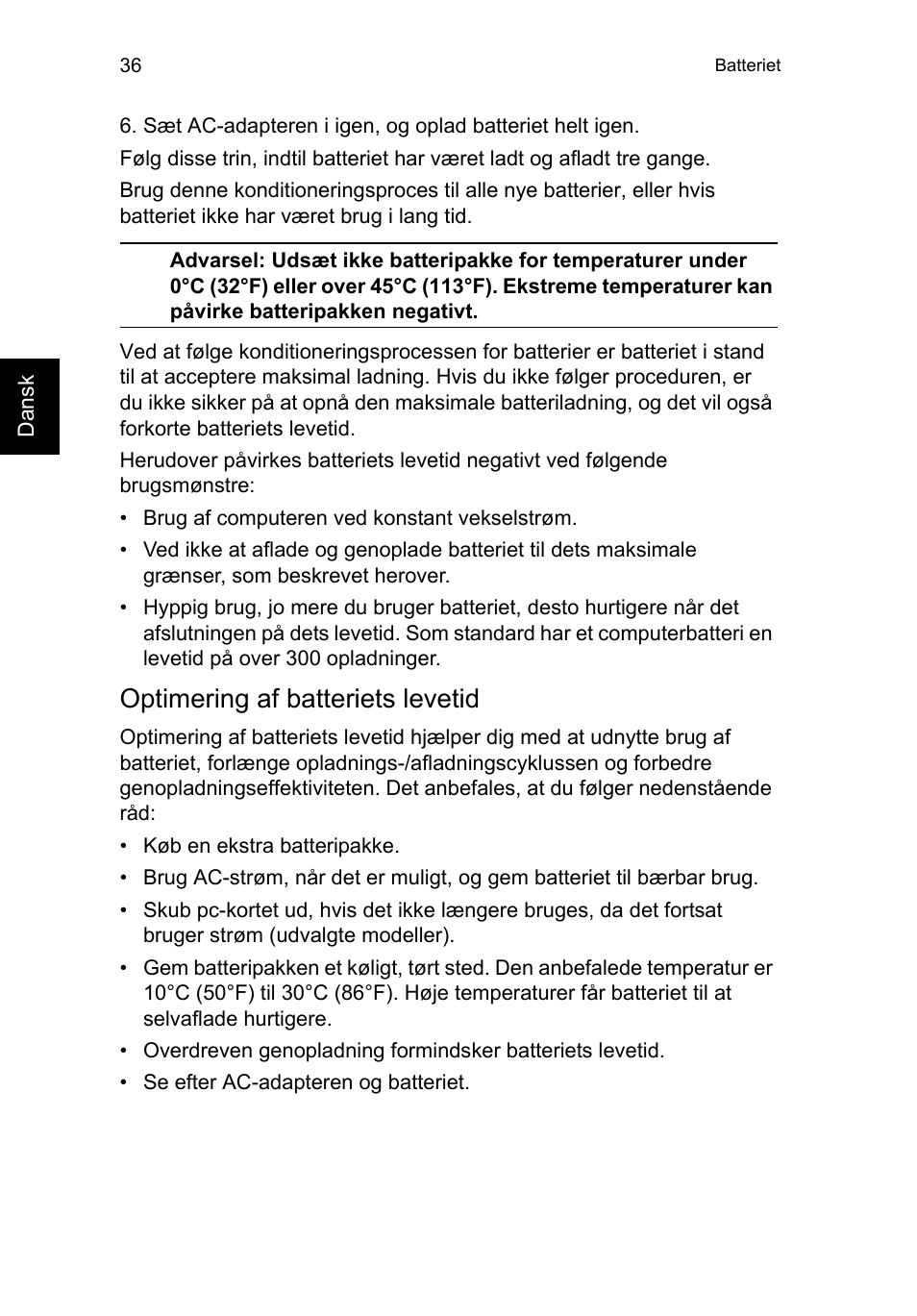 Optimering af batteriets levetid | Acer TravelMate P253-MG User Manual | Page 798 / 2736