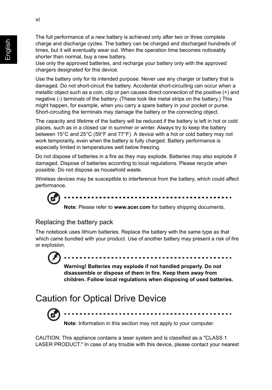 Caution for optical drive device | Acer TravelMate P253-MG User Manual | Page 8 / 2736