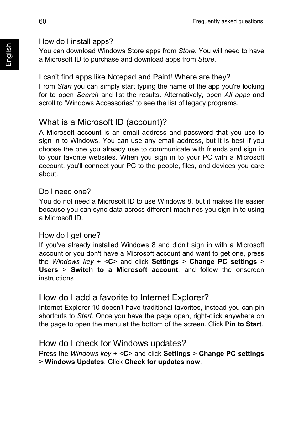 What is a microsoft id (account), How do i add a favorite to internet explorer, How do i check for windows updates | Acer TravelMate P253-MG User Manual | Page 80 / 2736