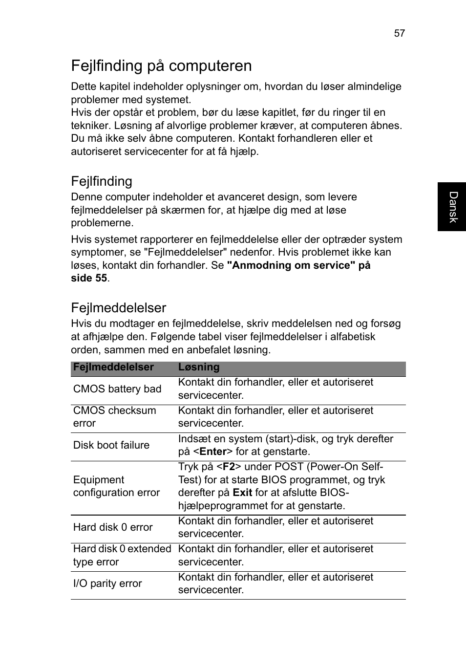 Fejlfinding på computeren, Fejlfinding, Fejlmeddelelser | Acer TravelMate P253-MG User Manual | Page 819 / 2736