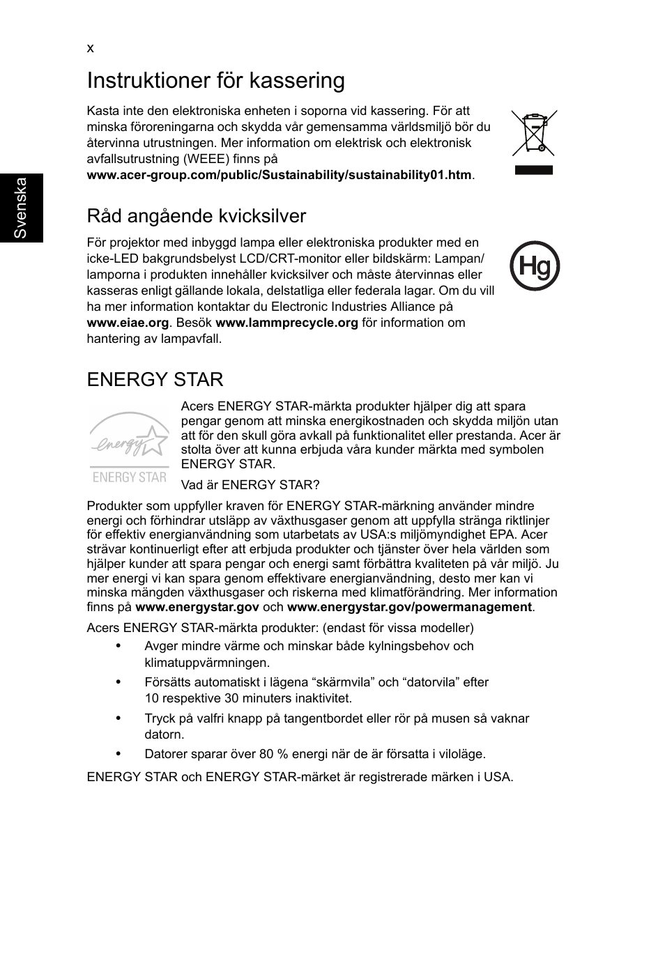 Instruktioner för kassering, Råd angående kvicksilver, Energy star | Acer TravelMate P253-MG User Manual | Page 842 / 2736