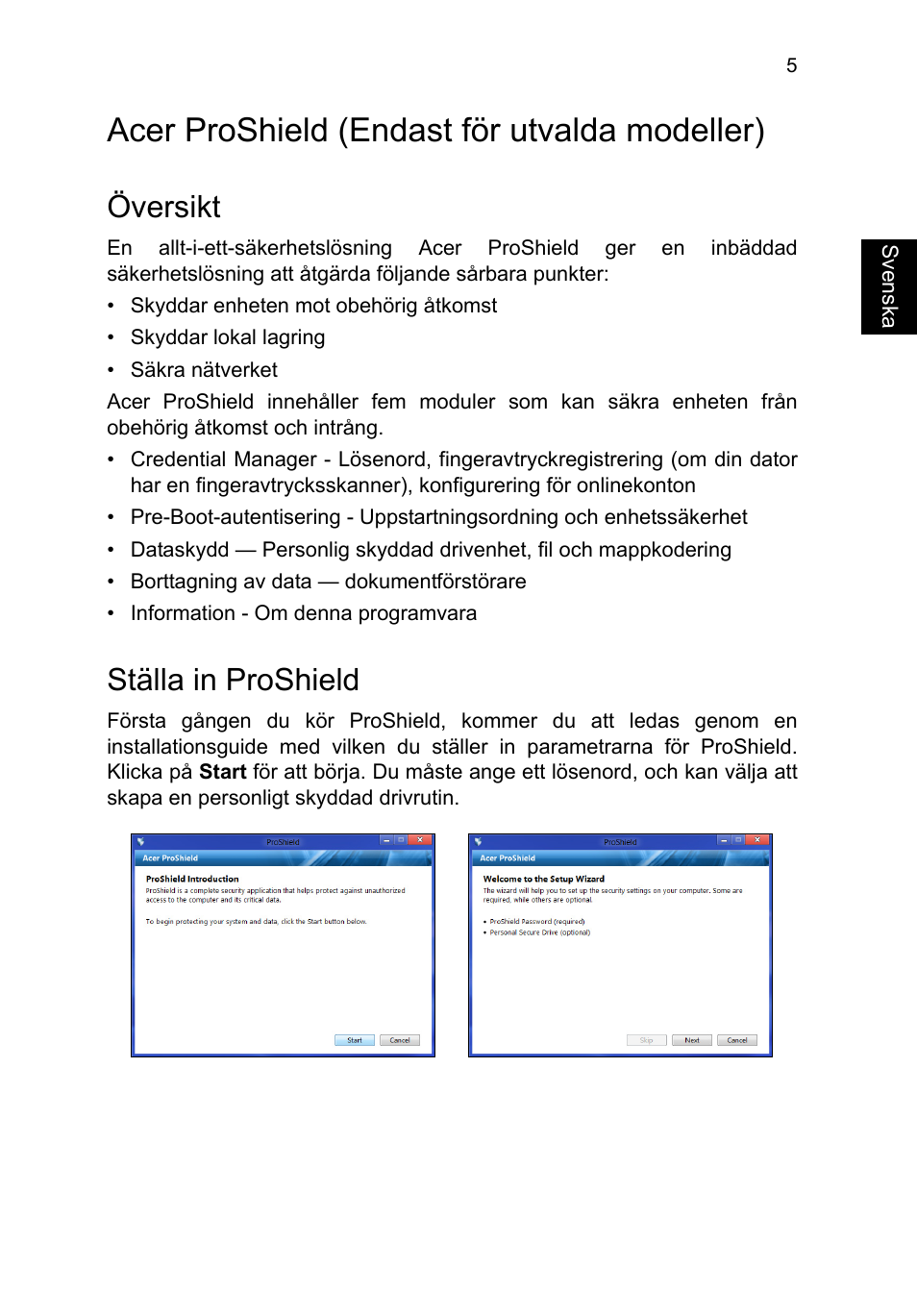 Acer proshield, Översikt, Ställa in proshield | Acer proshield (endast för utvalda modeller) | Acer TravelMate P253-MG User Manual | Page 857 / 2736