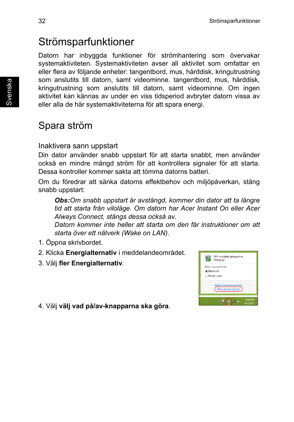 Strömsparfunktioner, Spara ström | Acer TravelMate P253-MG User Manual | Page 884 / 2736