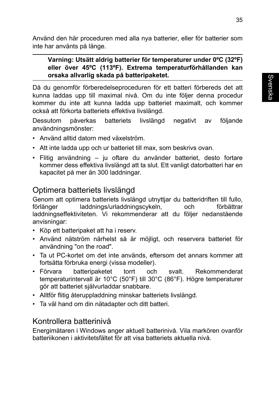 Optimera batteriets livslängd, Kontrollera batterinivå | Acer TravelMate P253-MG User Manual | Page 887 / 2736