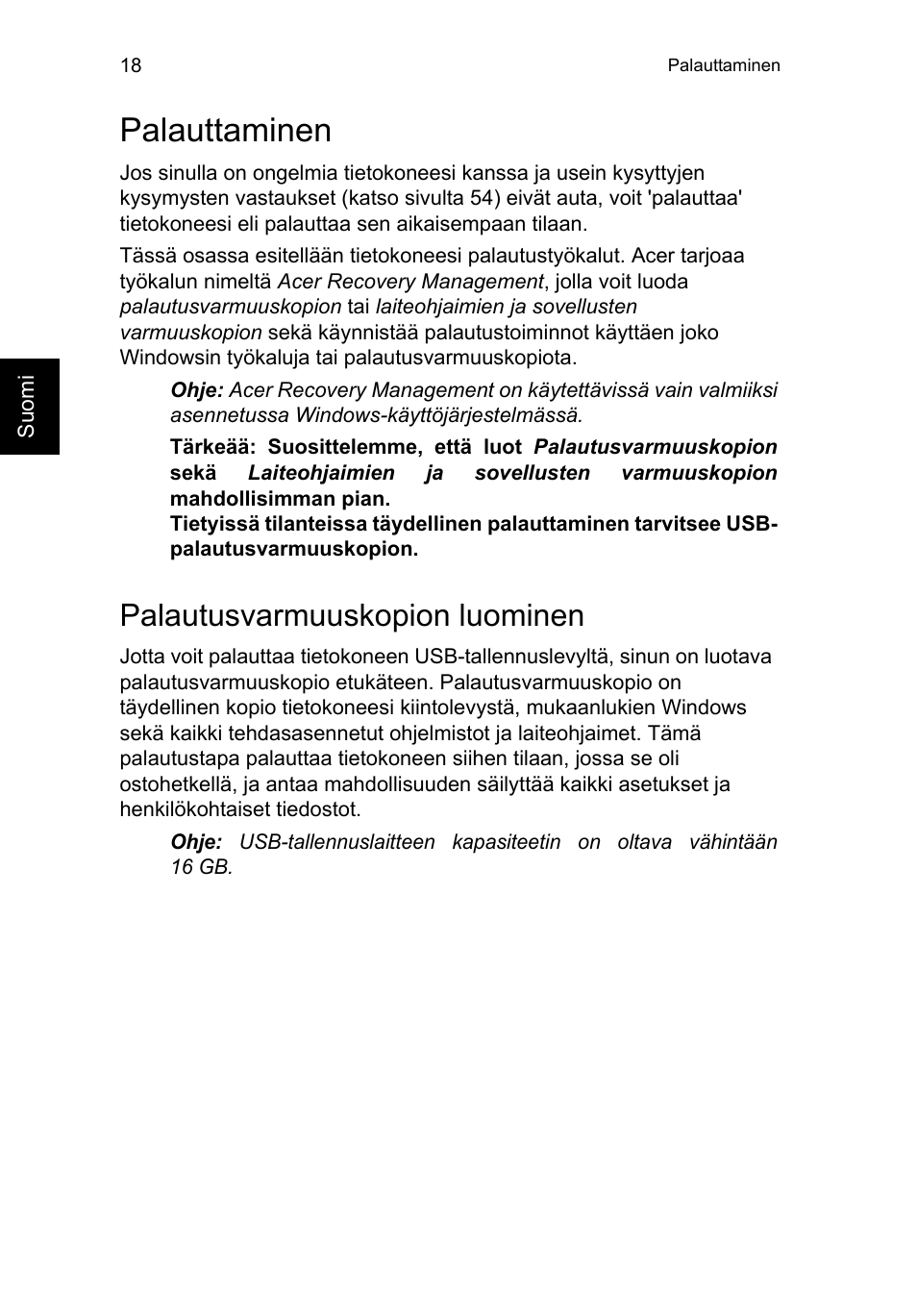 Palauttaminen, Palautusvarmuuskopion luominen | Acer TravelMate P253-MG User Manual | Page 958 / 2736