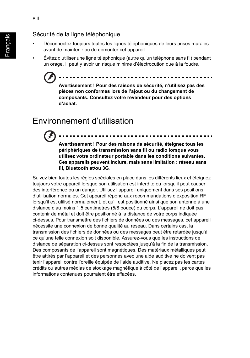 Environnement d’utilisation | Acer TravelMate P253-MG User Manual | Page 96 / 2736