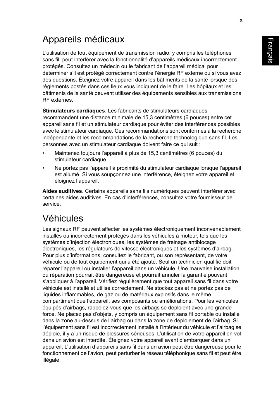 Appareils médicaux, Véhicules, Français | Acer TravelMate P253-MG User Manual | Page 97 / 2736