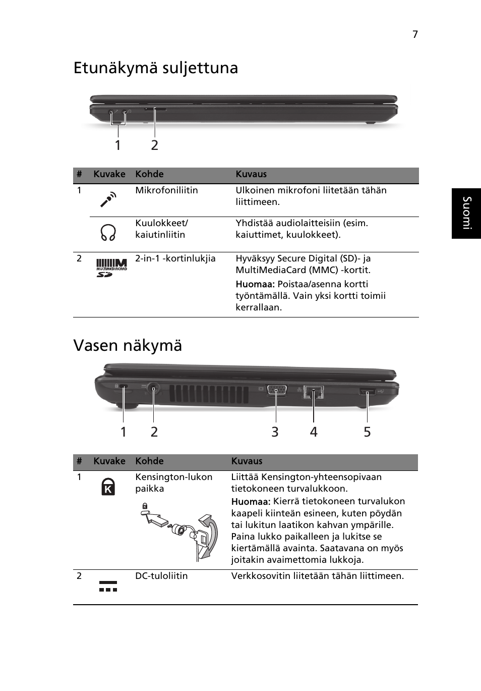 Etunäkymä suljettuna, Vasen näkymä, Etunäkymä suljettuna vasen näkymä | Acer Aspire 4739Z User Manual | Page 113 / 315