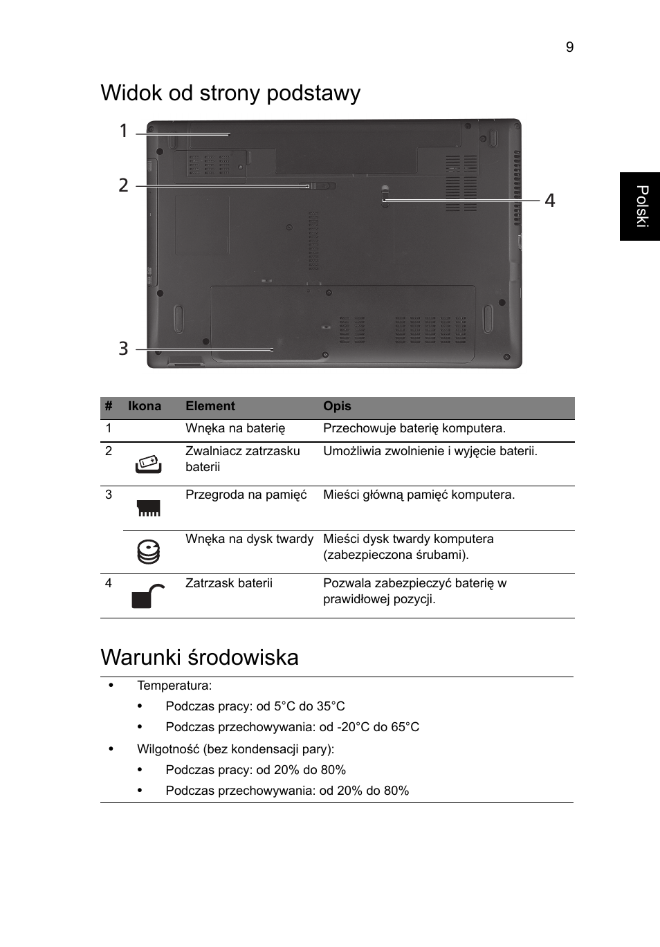 Widok od strony podstawy, Warunki środowiska, Widok od strony podstawy warunki środowiska | Acer Aspire 4739Z User Manual | Page 135 / 315