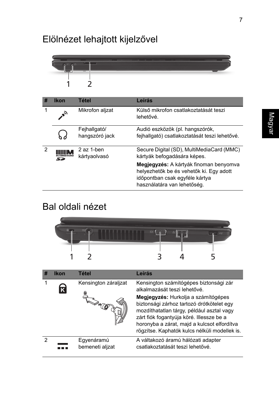 Elölnézet lehajtott kijelzővel, Bal oldali nézet, Elölnézet lehajtott kijelzővel bal oldali nézet | Acer Aspire 4739Z User Manual | Page 143 / 315