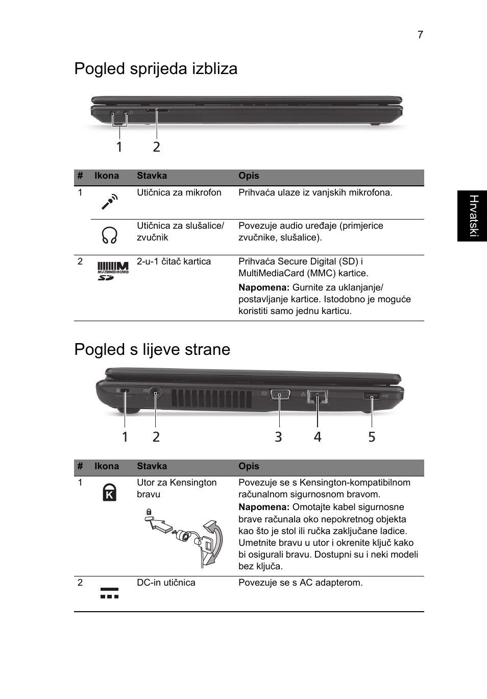 Pogled sprijeda izbliza, Pogled s lijeve strane, Pogled sprijeda izbliza pogled s lijeve strane | Acer Aspire 4739Z User Manual | Page 183 / 315