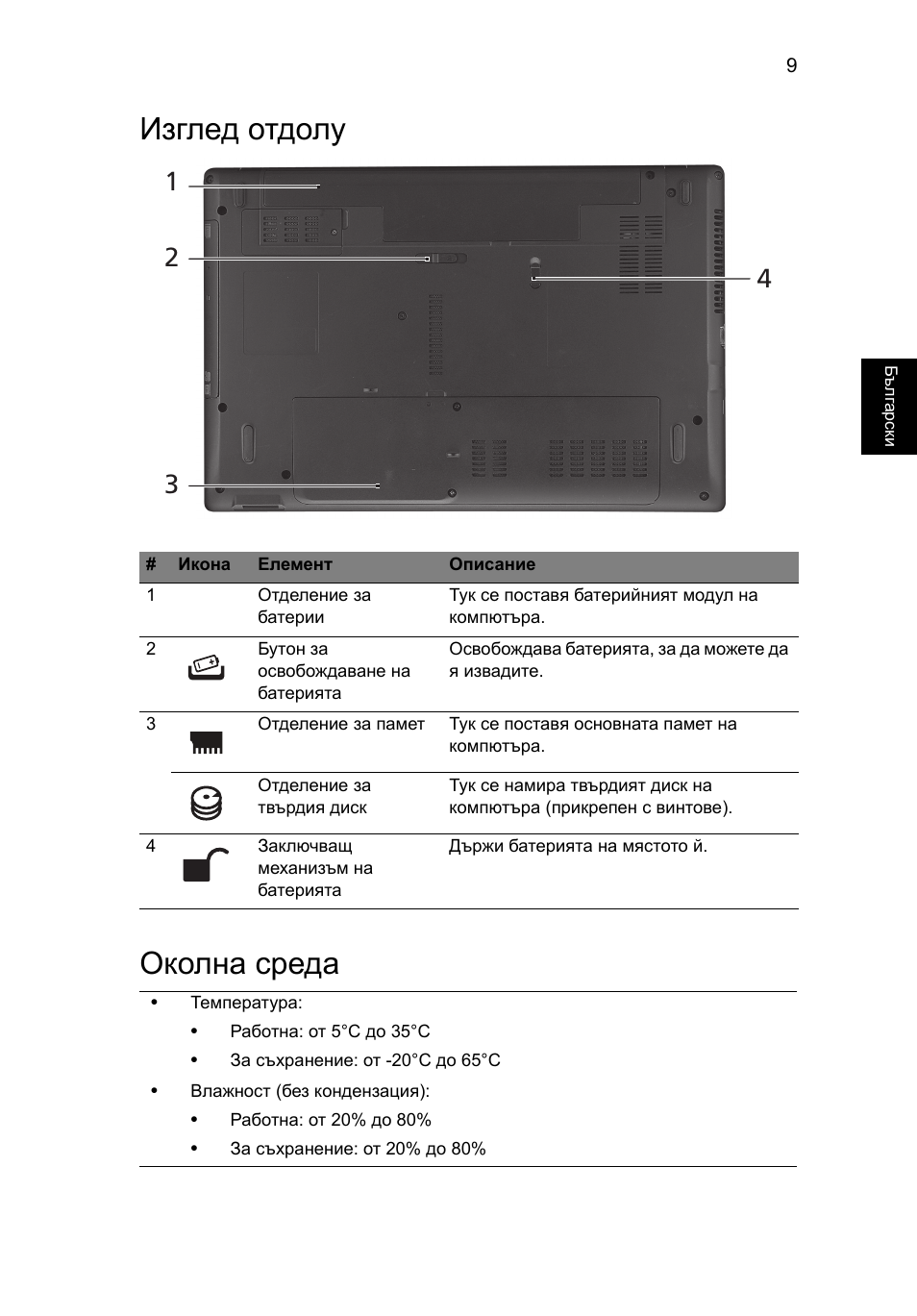 Изглед отдолу, Околна среда, Изглед отдолу околна среда | Acer Aspire 4739Z User Manual | Page 205 / 315