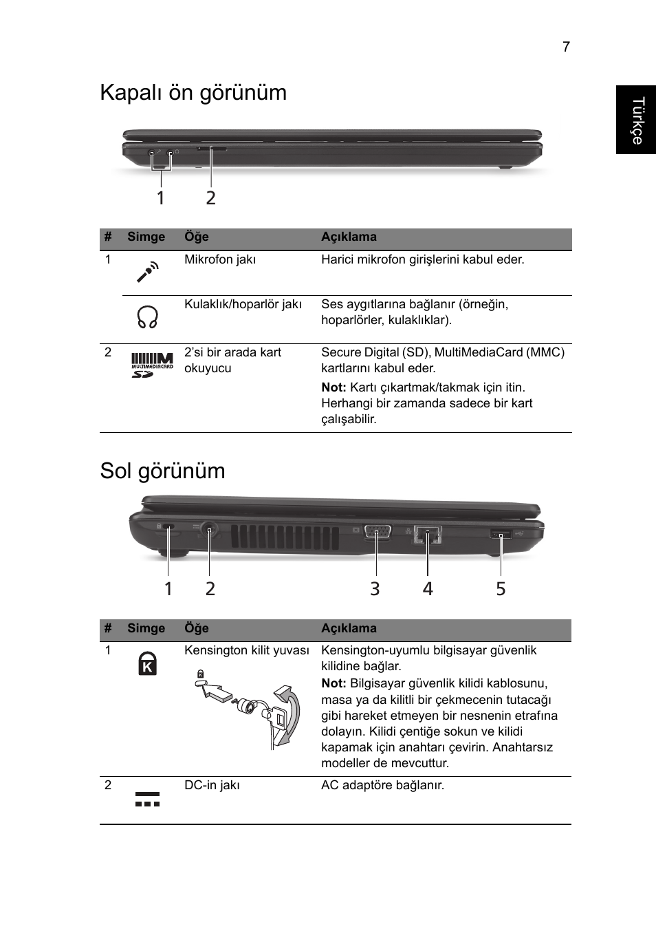 Kapalı ön görünüm, Sol görünüm, Kapalı ön görünüm sol görünüm | Acer Aspire 4739Z User Manual | Page 253 / 315