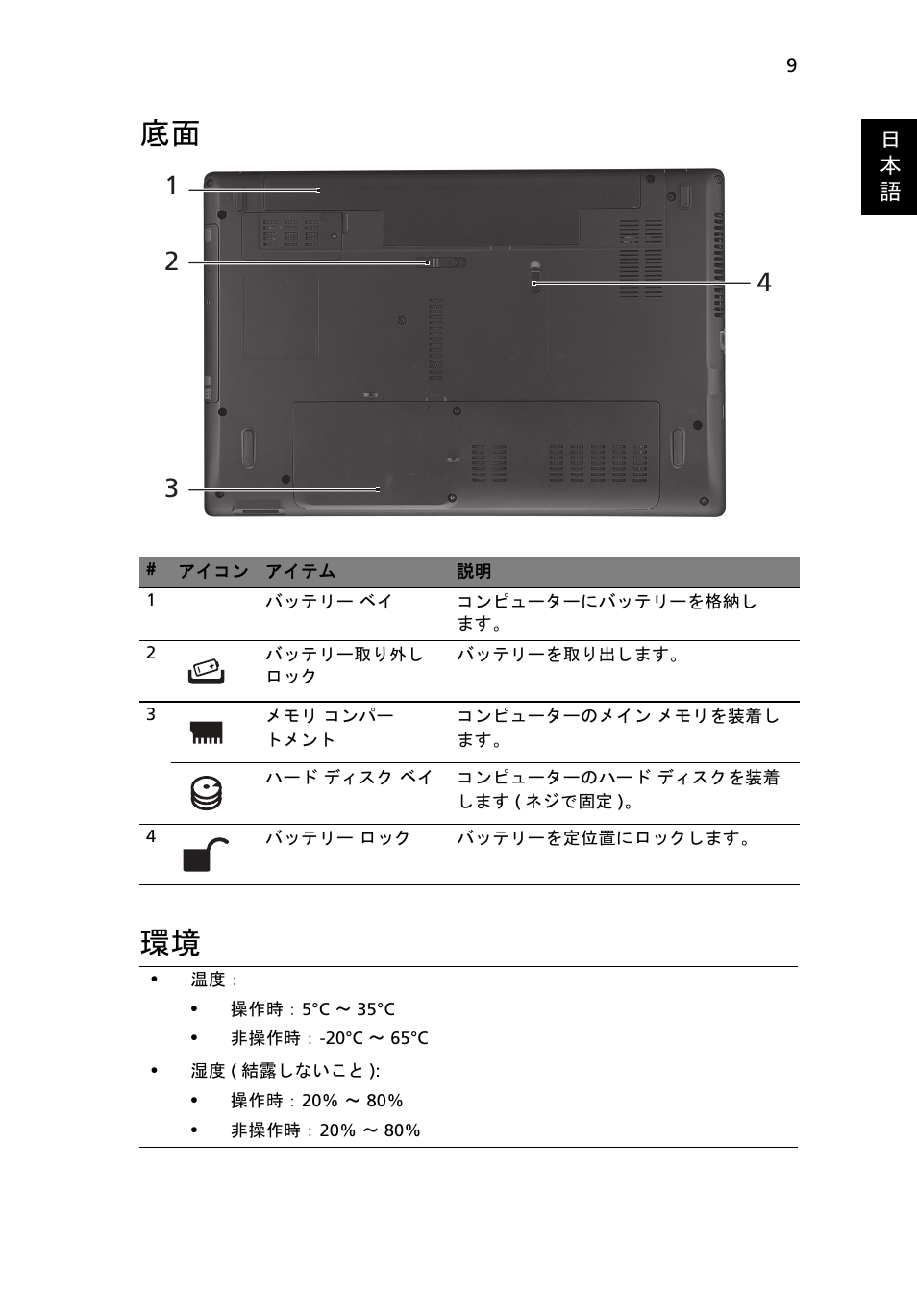 底面 環境 | Acer Aspire 4739Z User Manual | Page 265 / 315
