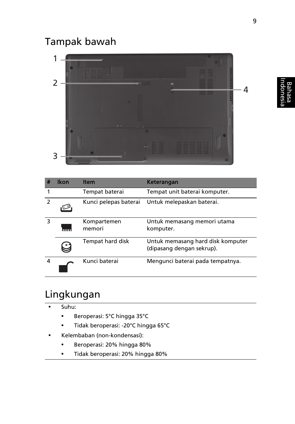 Tampak bawah, Lingkungan, Tampak bawah lingkungan | Acer Aspire 4739Z User Manual | Page 305 / 315