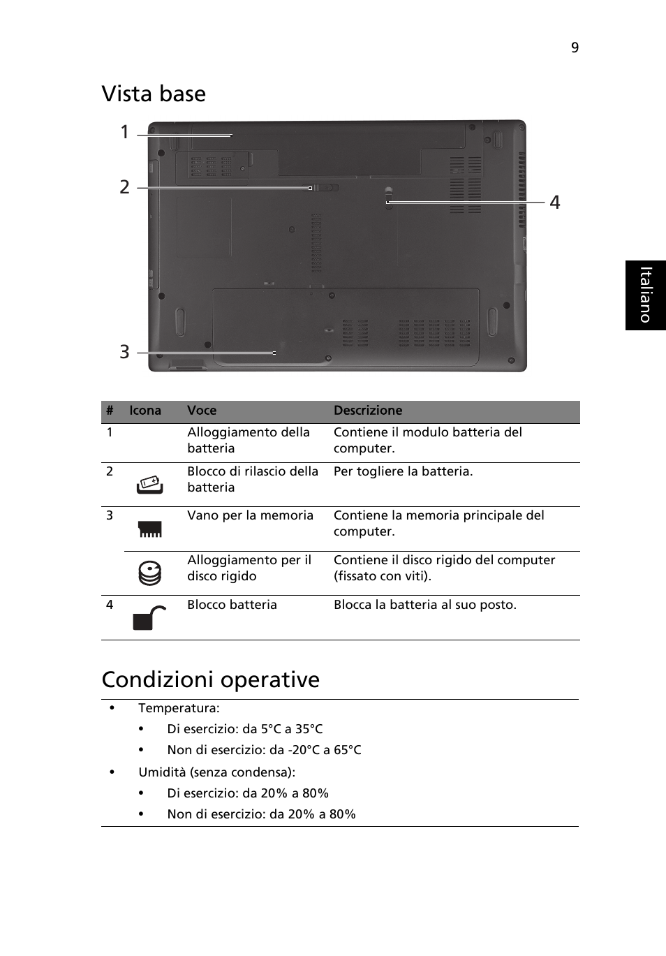 Vista base, Condizioni operative, Vista base condizioni operative | Acer Aspire 4739Z User Manual | Page 41 / 315