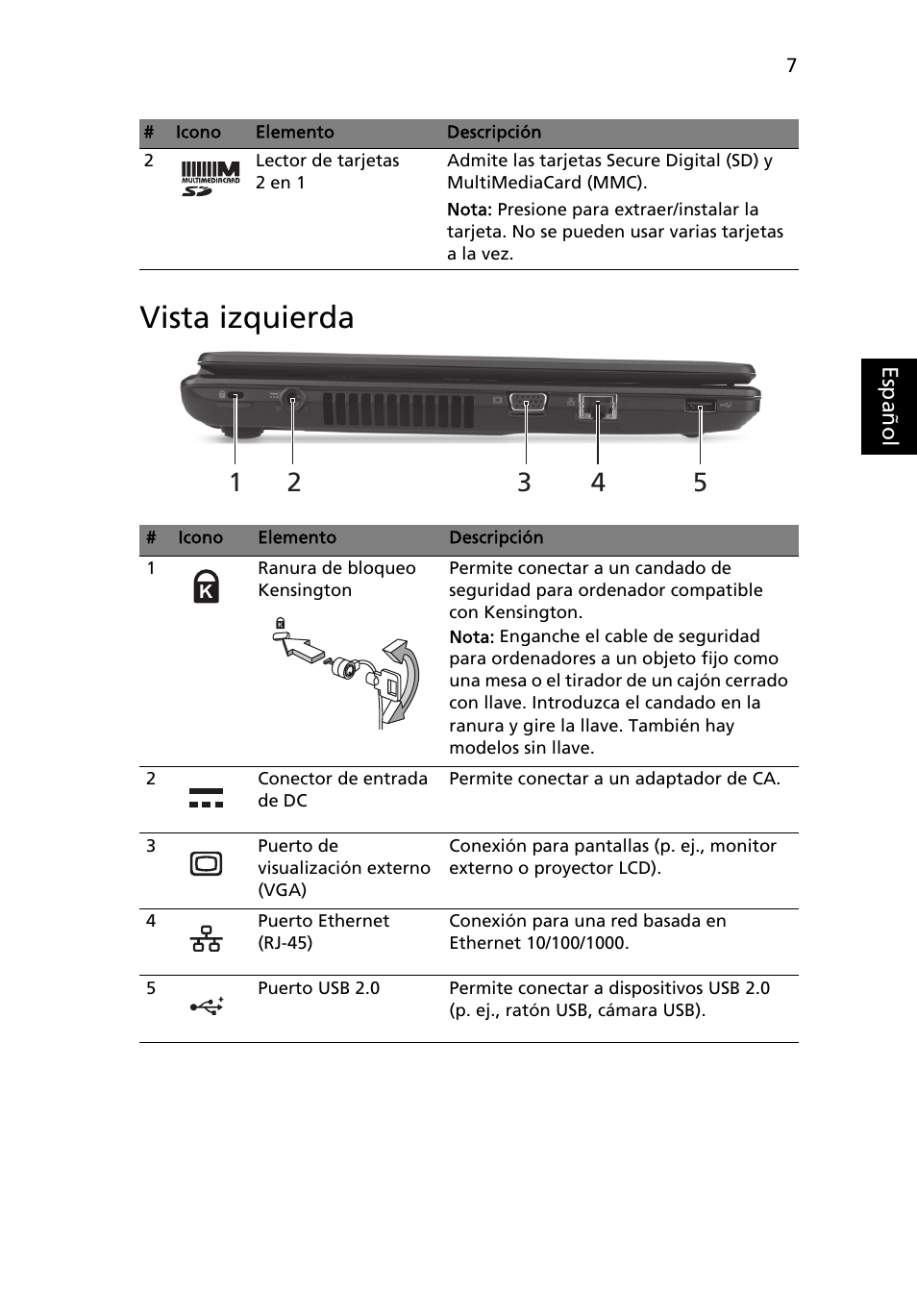 Vista izquierda | Acer Aspire 4739Z User Manual | Page 49 / 315