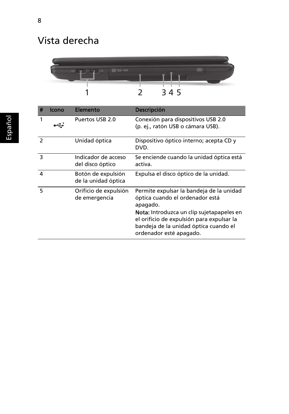 Vista derecha | Acer Aspire 4739Z User Manual | Page 50 / 315