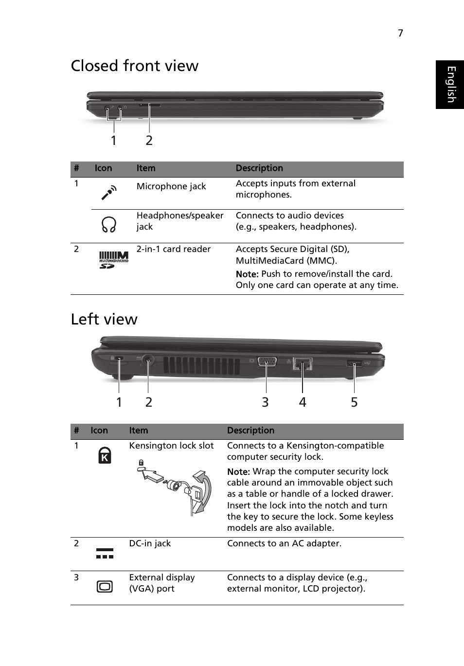 Closed front view, Closed front view left view | Acer Aspire 4739Z User Manual | Page 9 / 315