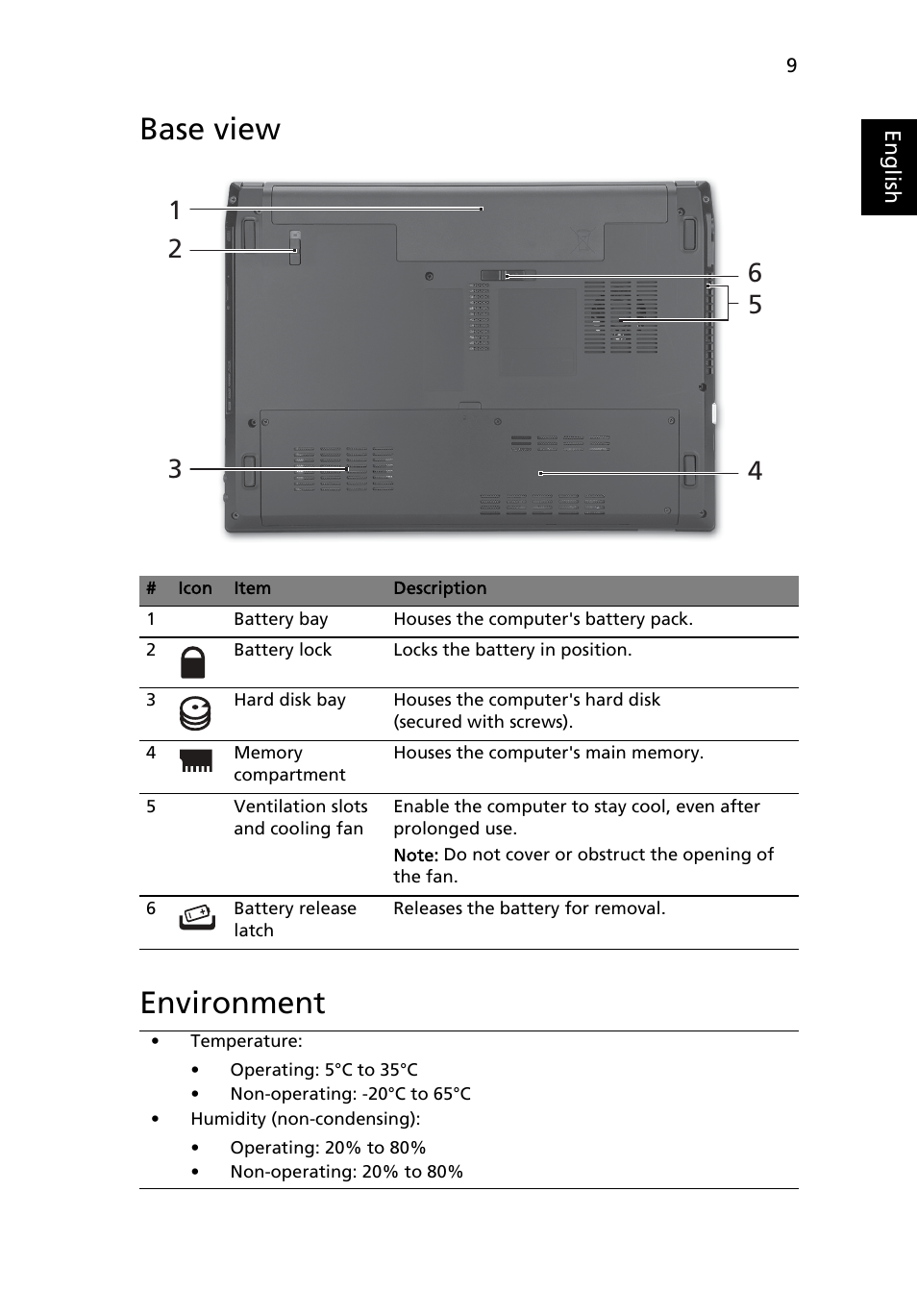 Base view, Environment, Base view environment | Acer TravelMate 4740ZG User Manual | Page 11 / 316