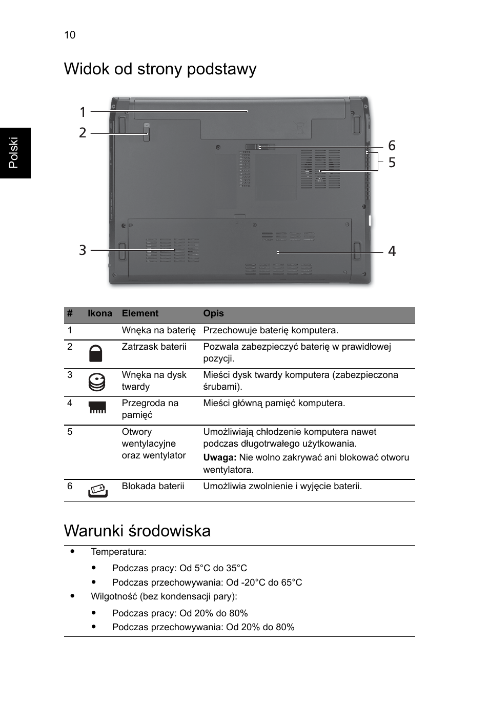 Widok od strony podstawy, Warunki środowiska, Widok od strony podstawy warunki środowiska | Acer TravelMate 4740ZG User Manual | Page 136 / 316