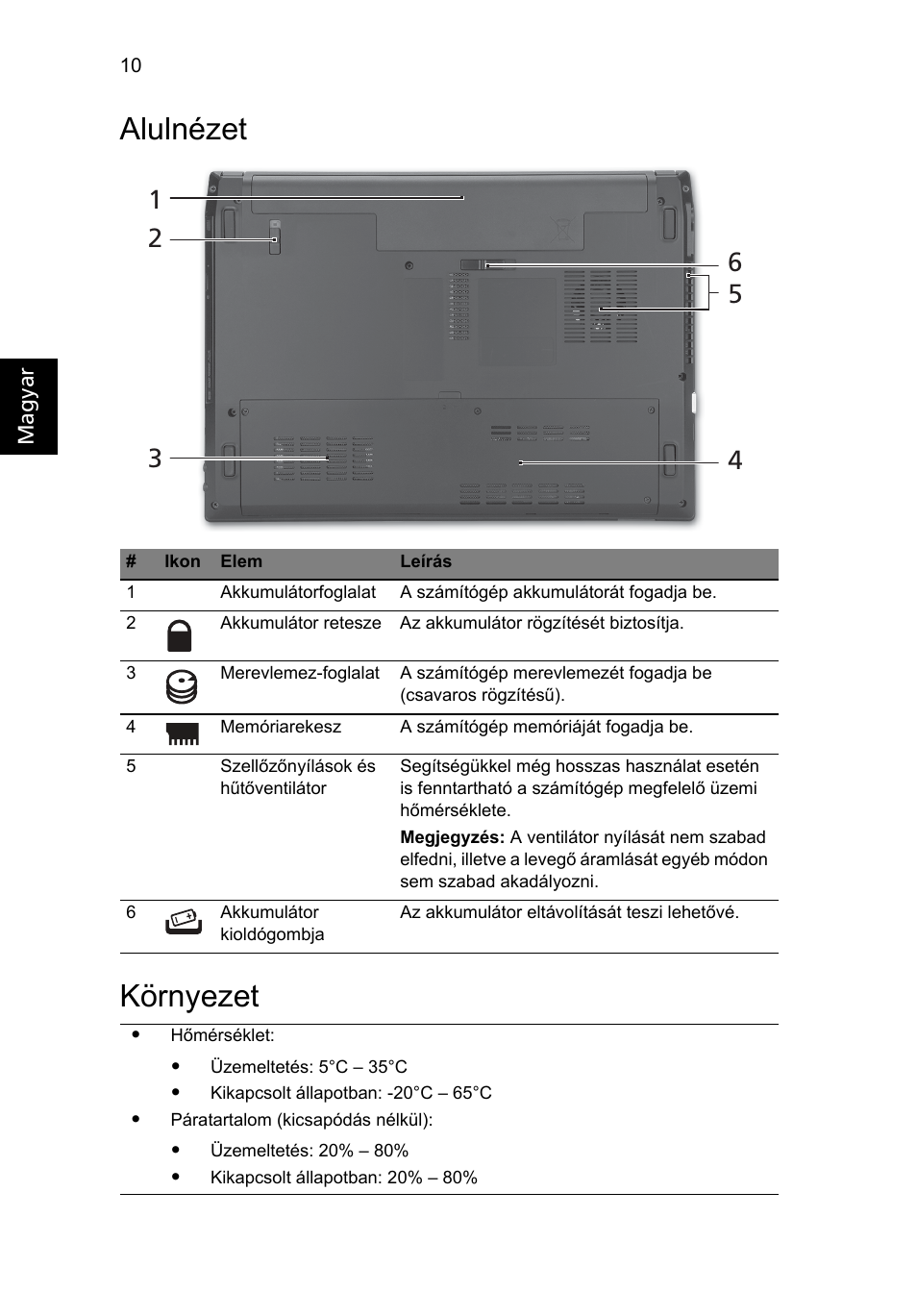 Alulnézet, Környezet, Alulnézet környezet | Acer TravelMate 4740ZG User Manual | Page 146 / 316