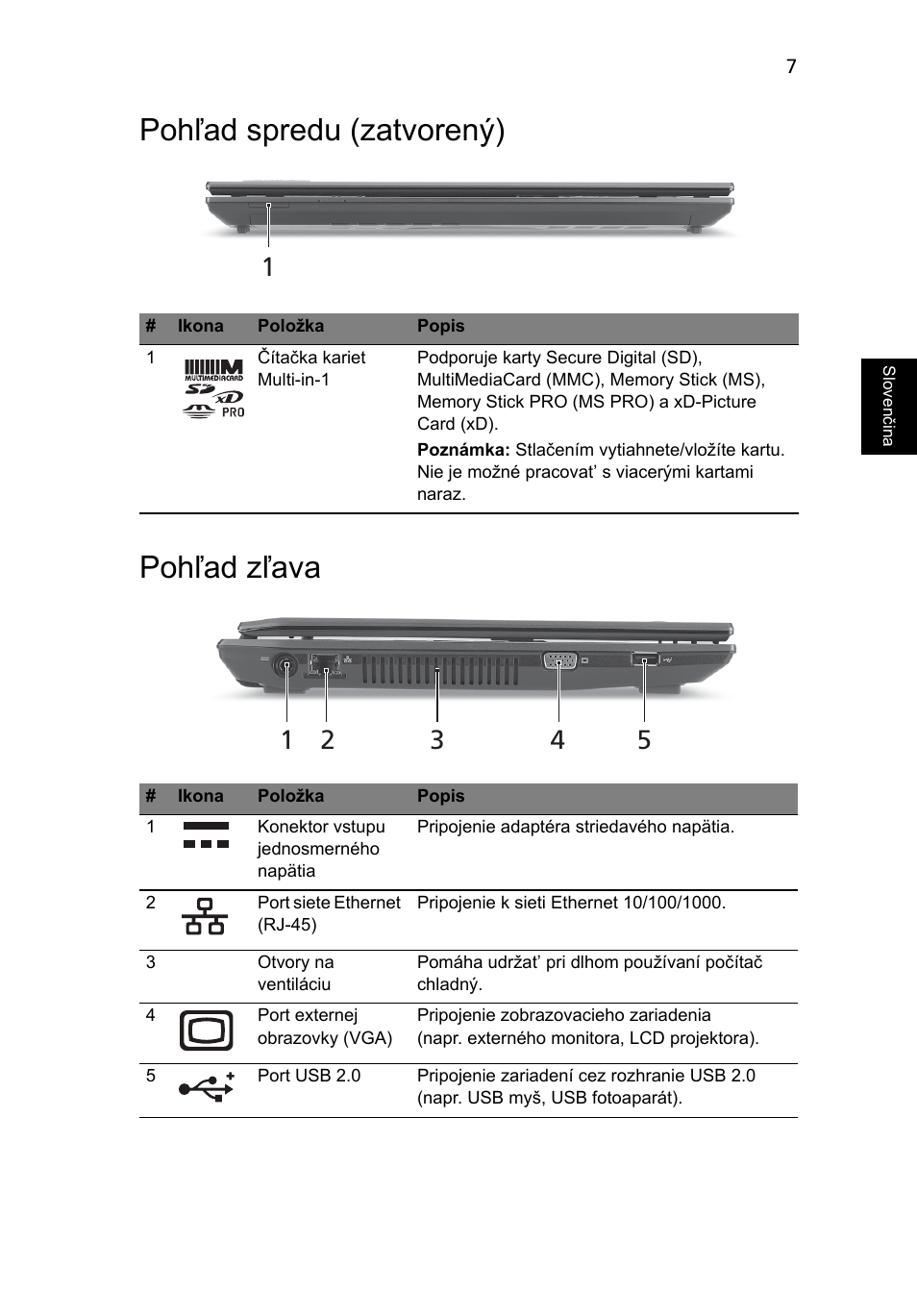Pohľad spredu (zatvorený), Pohľad zľava, Pohľad spredu (zatvorený) pohľad zľava | Acer TravelMate 4740ZG User Manual | Page 163 / 316