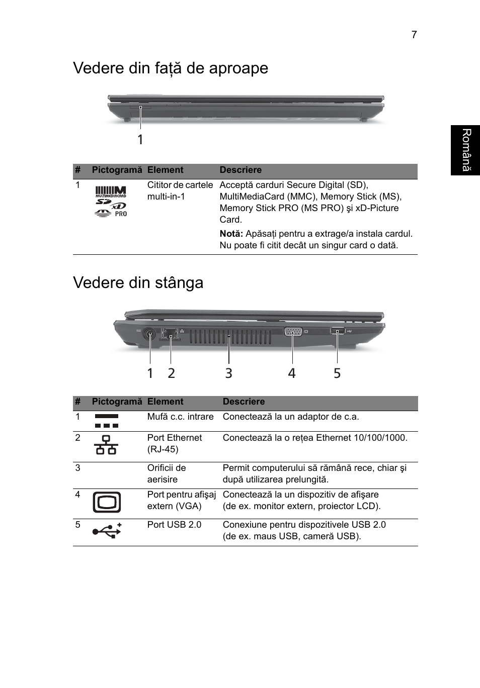 Vedere din faţă de aproape, Vedere din stânga, Vedere din faţă de aproape vedere din stânga | Acer TravelMate 4740ZG User Manual | Page 193 / 316