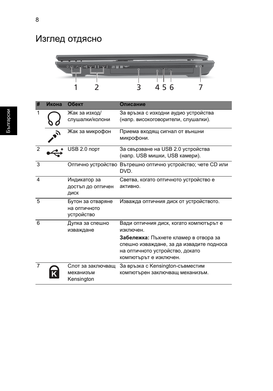 Изглед отдясно | Acer TravelMate 4740ZG User Manual | Page 204 / 316
