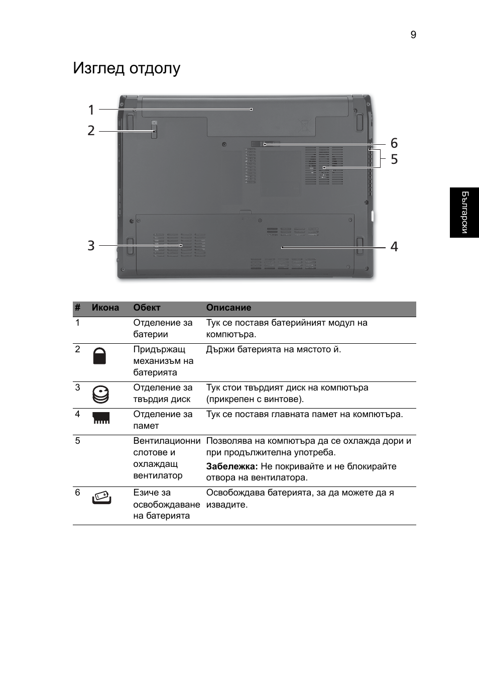 Изглед отдолу | Acer TravelMate 4740ZG User Manual | Page 205 / 316