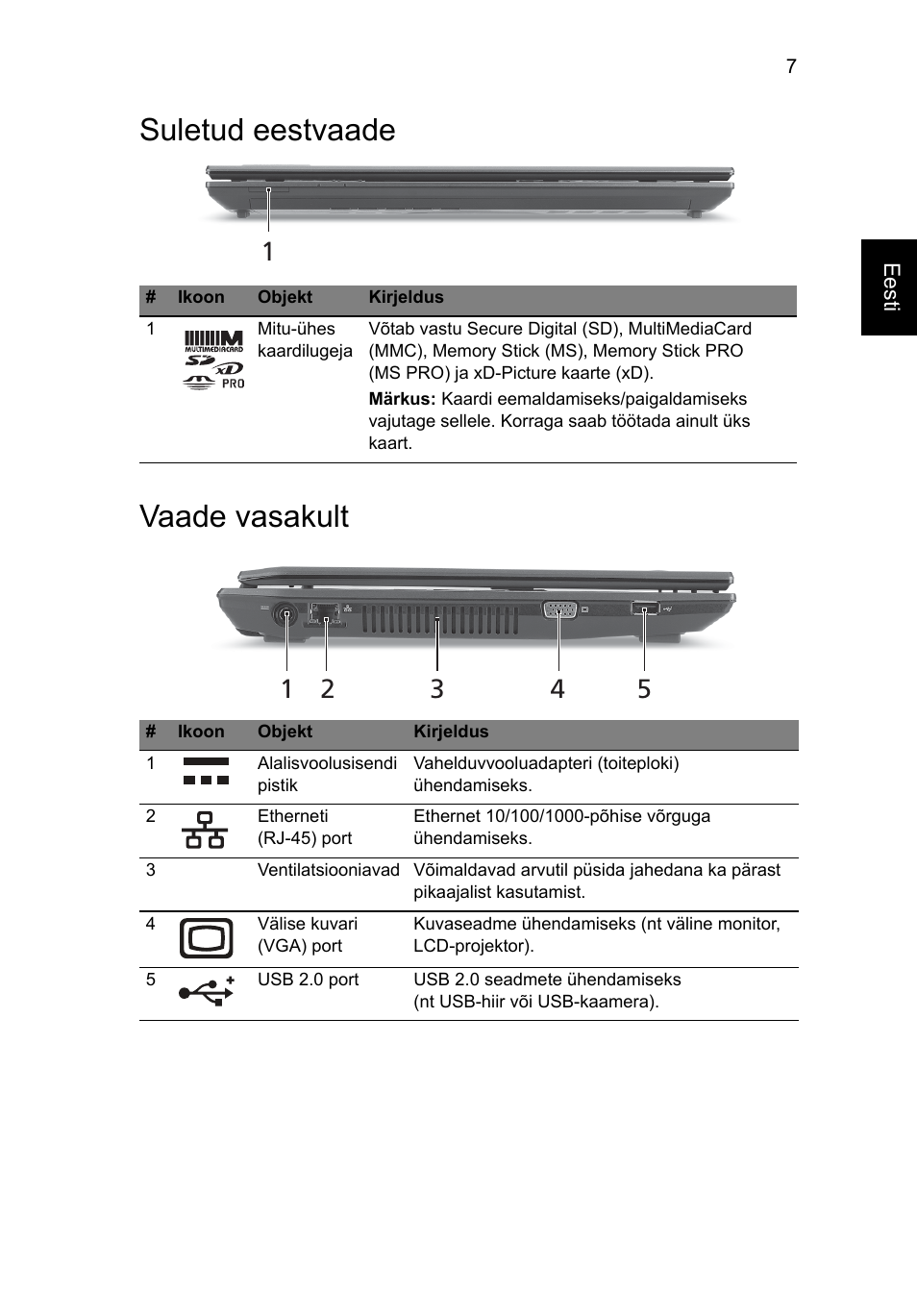 Suletud eestvaade, Vaade vasakult, Suletud eestvaade vaade vasakult | Acer TravelMate 4740ZG User Manual | Page 213 / 316