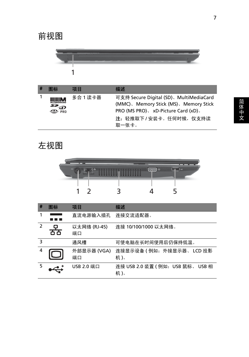 前视图 左视图 | Acer TravelMate 4740ZG User Manual | Page 293 / 316