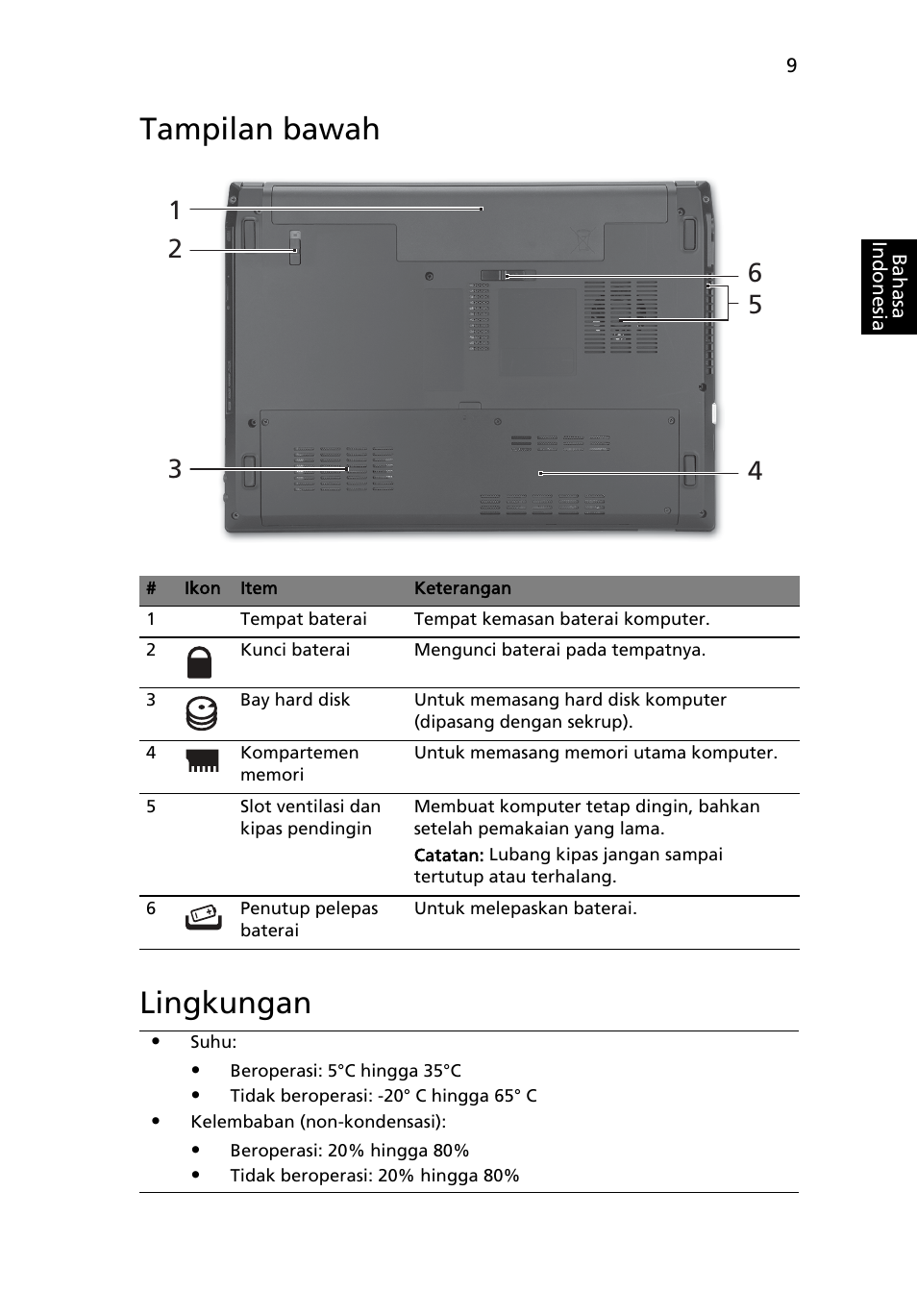 Tampilan bawah, Lingkungan, Tampilan bawah lingkungan | Acer TravelMate 4740ZG User Manual | Page 305 / 316