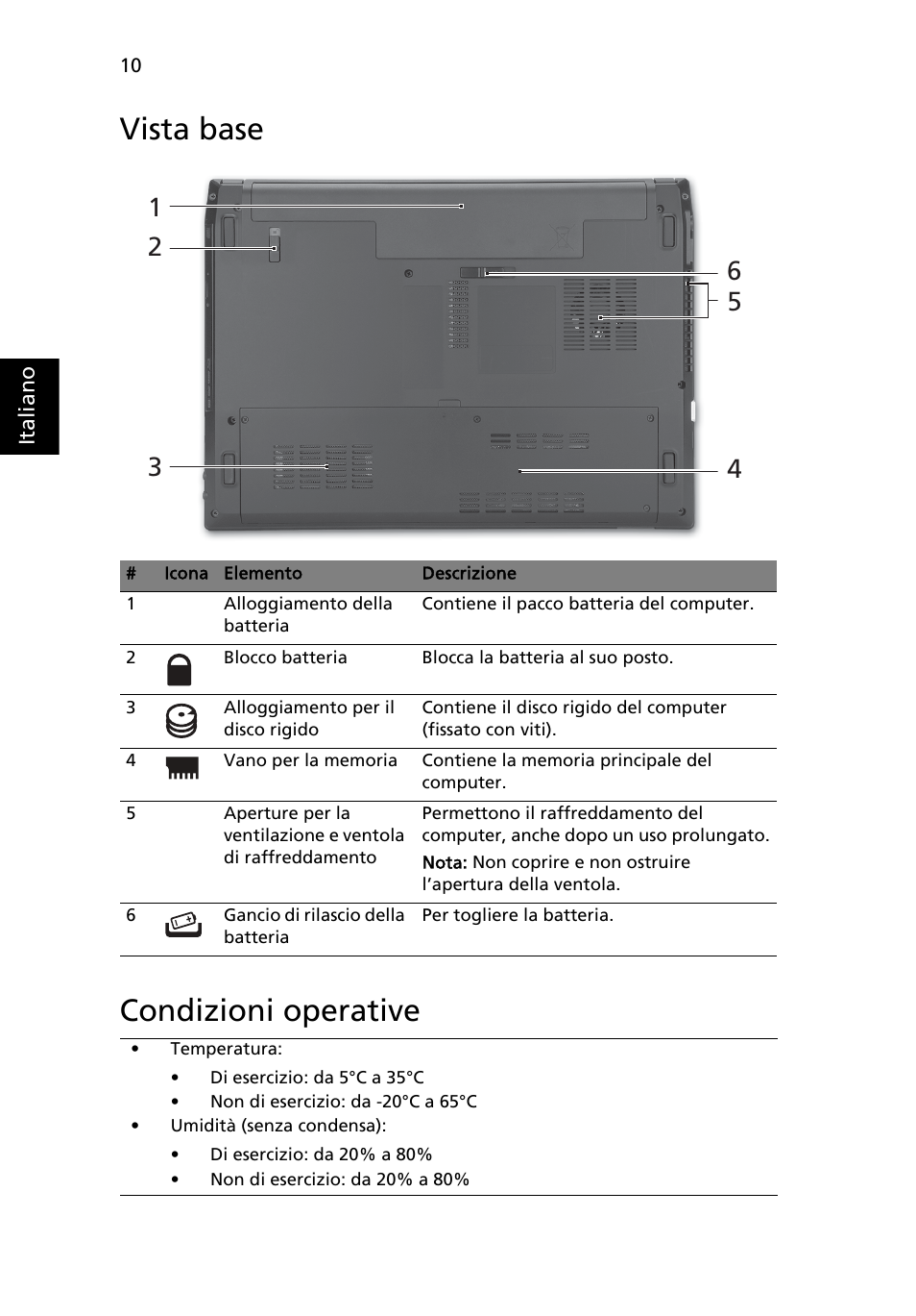 Vista base, Condizioni operative, Vista base condizioni operative | Acer TravelMate 4740ZG User Manual | Page 42 / 316