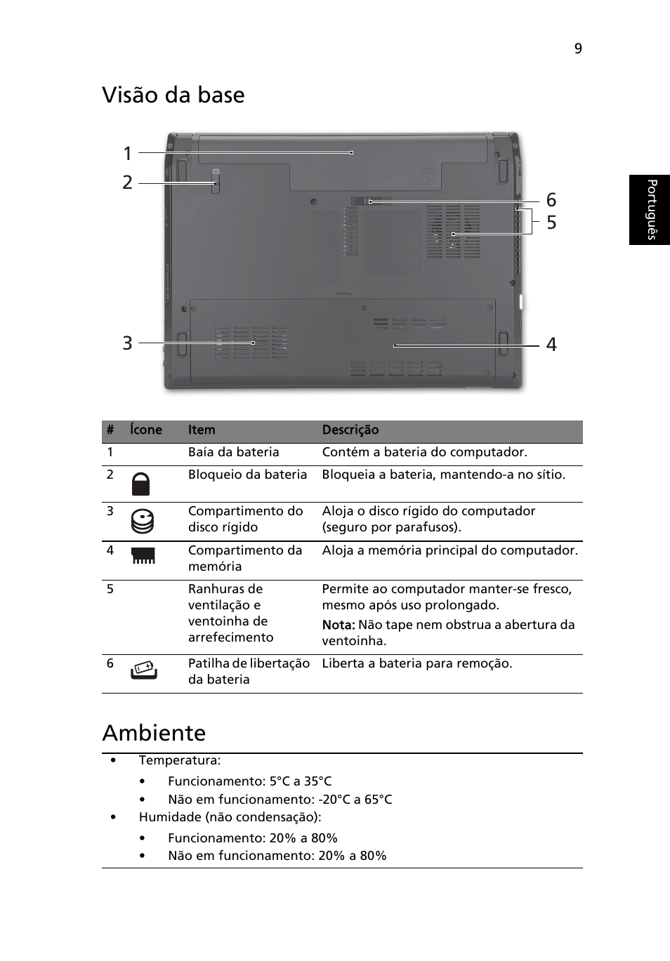 Visão da base, Ambiente, Visão da base ambiente | Acer TravelMate 4740ZG User Manual | Page 63 / 316