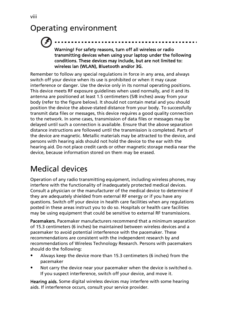 Operating environment, Medical devices | Acer Aspire 5736Z User Manual | Page 10 / 2205