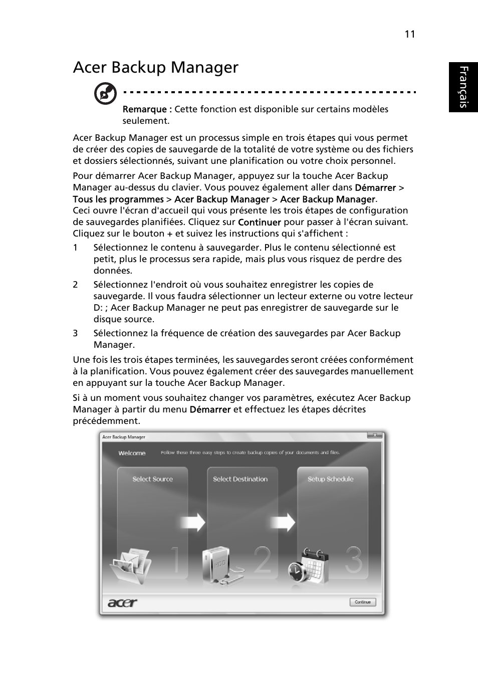 Acer backup manager, Français | Acer Aspire 5736Z User Manual | Page 105 / 2205