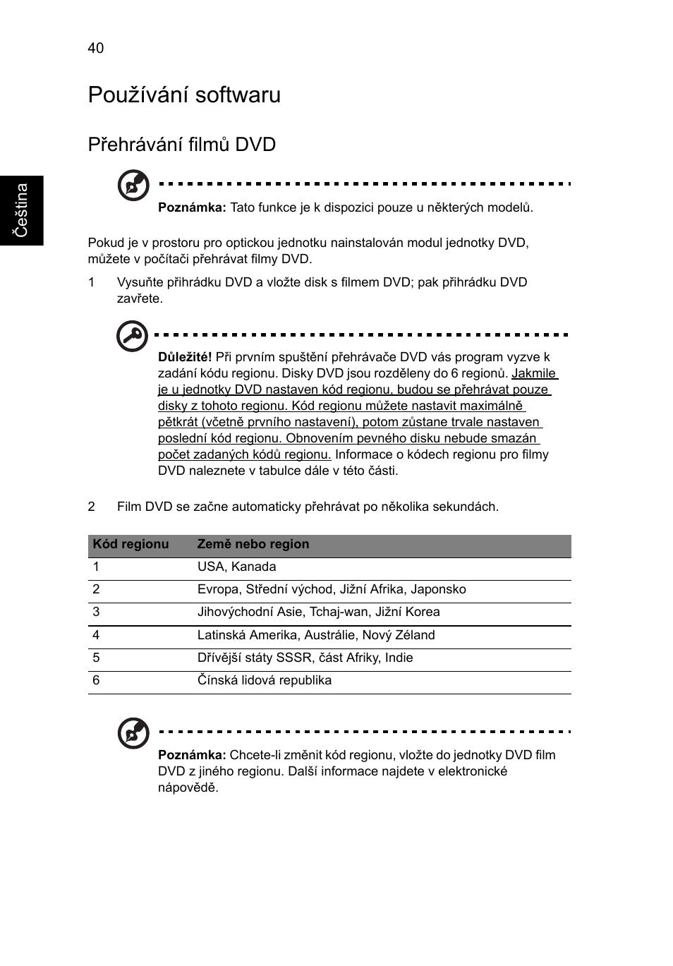 Používání softwaru, Přehrávání filmů dvd | Acer Aspire 5736Z User Manual | Page 1066 / 2205