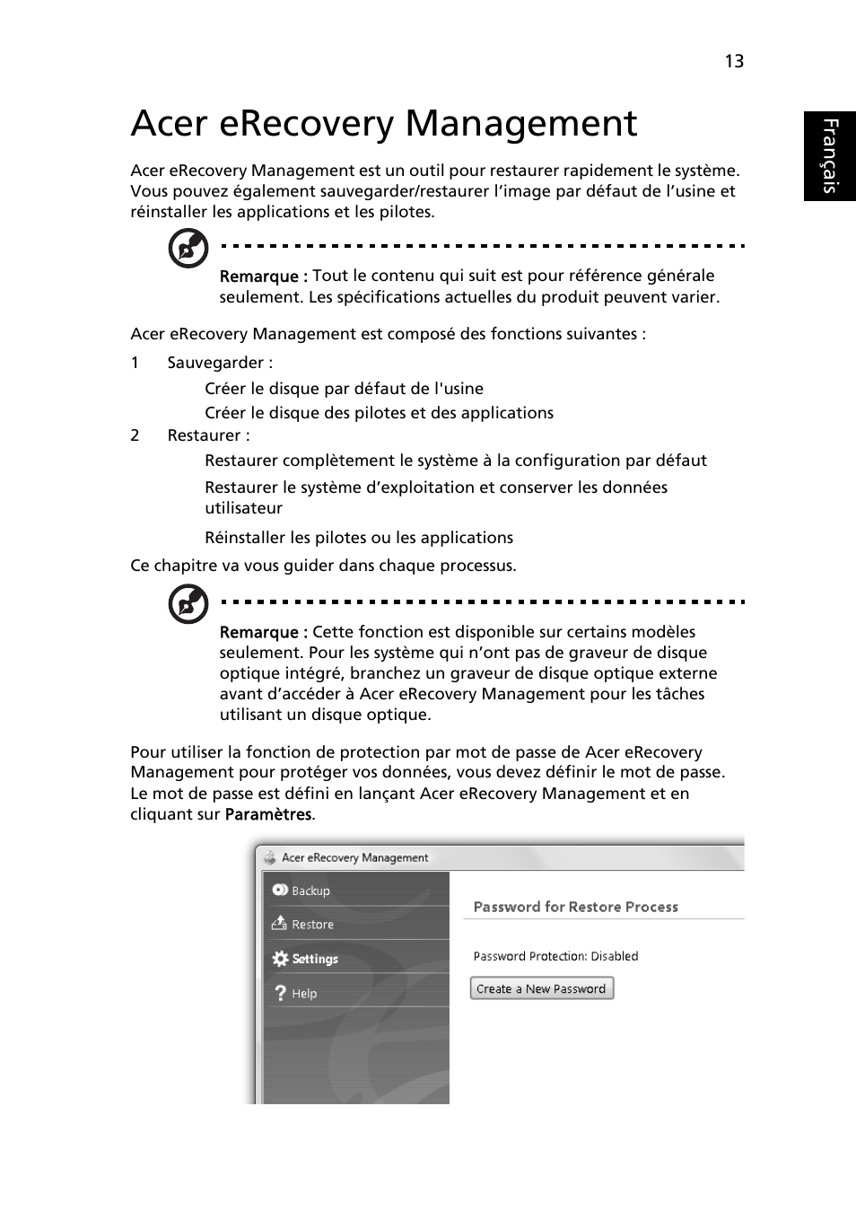 Acer erecovery management, Français | Acer Aspire 5736Z User Manual | Page 107 / 2205