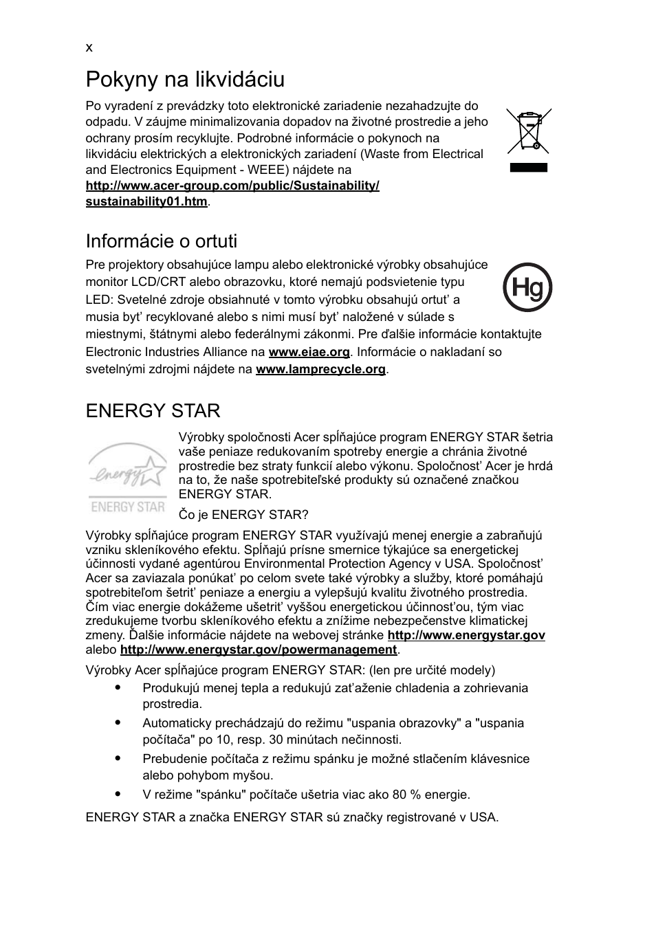 Pokyny na likvidáciu, Informácie o ortuti, Energy star | Acer Aspire 5736Z User Manual | Page 1086 / 2205