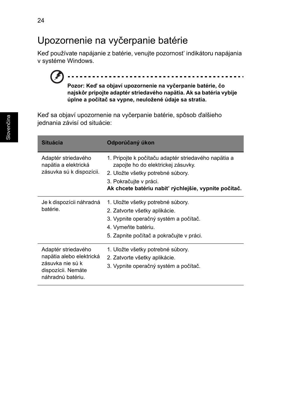 Upozornenie na vyčerpanie batérie | Acer Aspire 5736Z User Manual | Page 1120 / 2205