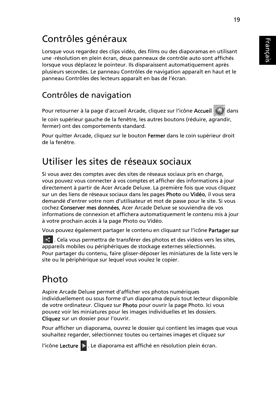 Contrôles généraux, Utiliser les sites de réseaux sociaux, Photo | Contrôles de navigation, Français | Acer Aspire 5736Z User Manual | Page 113 / 2205