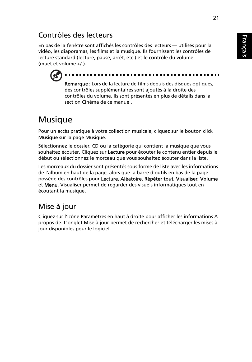 Musique, Contrôles des lecteurs, Mise à jour | Français | Acer Aspire 5736Z User Manual | Page 115 / 2205