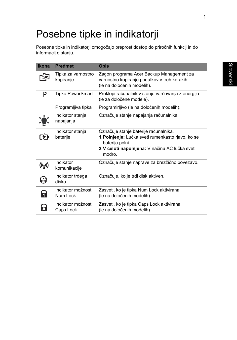 Posebne tipke in indikatorji | Acer Aspire 5736Z User Manual | Page 1167 / 2205