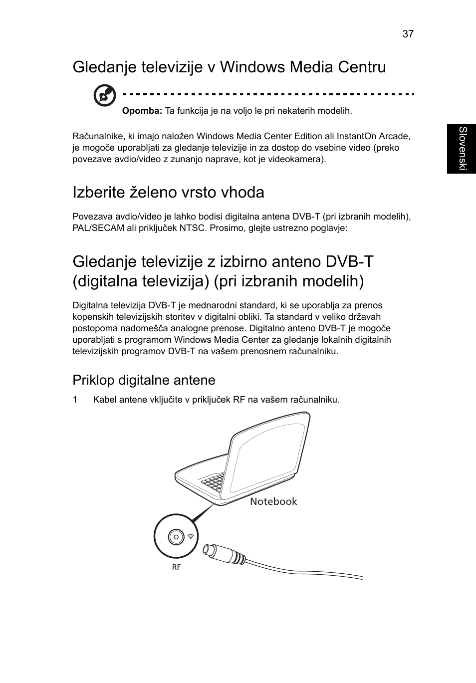 Gledanje televizije v windows media centru, Izberite želeno vrsto vhoda, Priklop digitalne antene | Acer Aspire 5736Z User Manual | Page 1203 / 2205