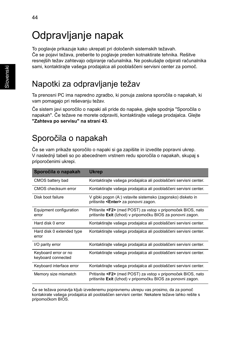 Odpravljanje napak, Napotki za odpravljanje težav, Sporočila o napakah | Acer Aspire 5736Z User Manual | Page 1210 / 2205