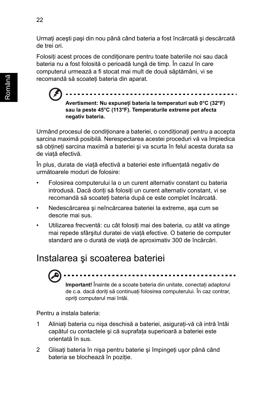 Instalarea şi scoaterea bateriei | Acer Aspire 5736Z User Manual | Page 1330 / 2205